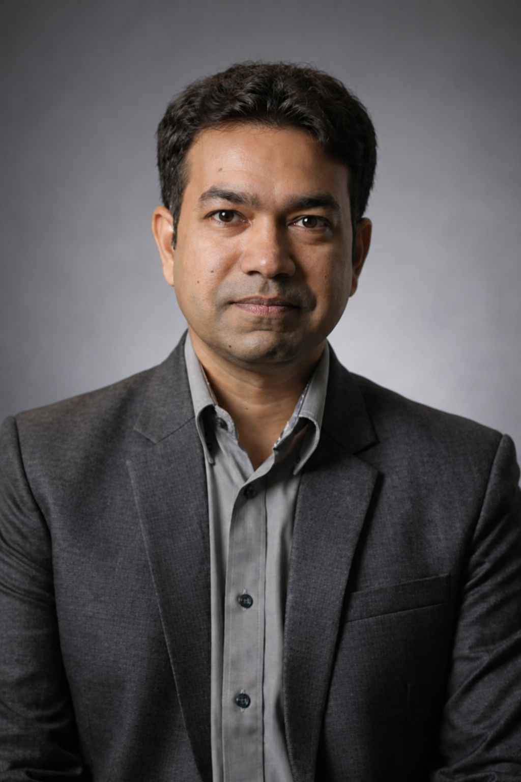 Saroj Roy in a charcoal blazer